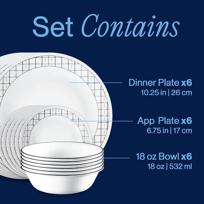 Vitrelle 18-Piece Service for 6 Dinnerware Set, Triple Layer Glass and Chip Resistant, Lightweight round Plates and Bowls Set, Delicate Grid3