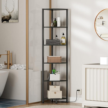 6 Tier Corner Shelf with LED Light, 67.5" Black Narrow Bookshelf | Tall Standing Shelf Organizer, Storage Rack for Wall Corner, Living Room, Bedroom, Metal Frame, Wood Display Shelf5