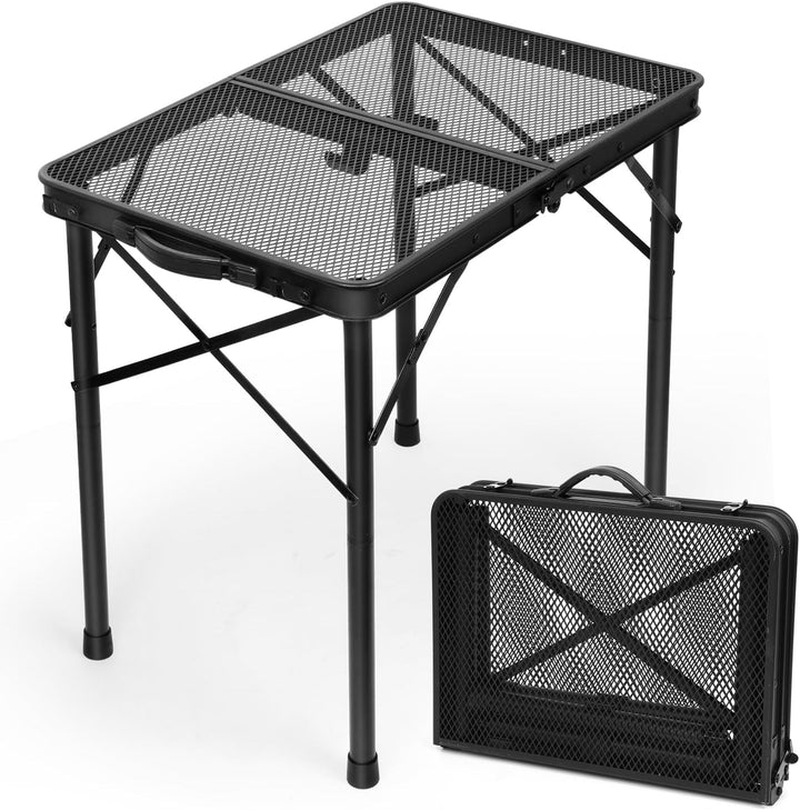 2 Ft Folding Camping Table, Adjustable Height 10.6-22 In, Small Grill Table | Black Metal Mesh,23.6 X 15.8 In,Portable & Compact for Outdoor,Indoor,Picnic,Bbq,Tailgating, with Carry Handle,66 Lb Capacity
