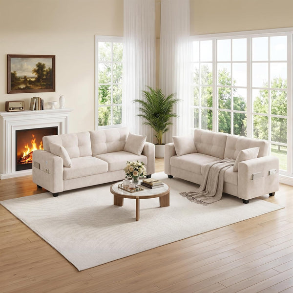70" Loveseat Sofa with Type-C/2 USB Charger Ports, Chenille Upholstered Couch with Storage Pockets, Spring Cushion, Removable Cover, Modern Love Seat for Living Room, Bedroom, Office, Small Spaces8