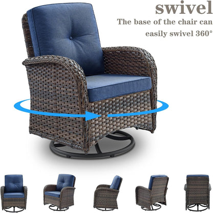 6 Piece Patio Conversation Sets - Wicker Patio Furniture Sets with Outdoor Swivel Rocker Chairs, Glider Loveseat Perfect for Patio Deck Backyard, Brown Wicker Blue Cushion4