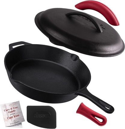 Cast Iron Skillet with Lid - 12"-Inch Pre-Seasoned Covered Frying Pan Set + Silicone Handle & Lid Holders + Scraper/Cleaner - Indoor/Outdoor, Oven, Stovetop, Camping Fire, Grill Safe Cookware1