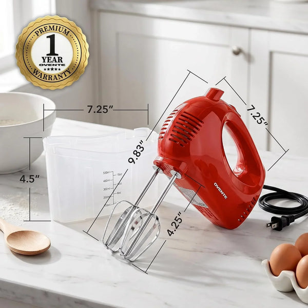 5-Speed Electric Hand Mixer with Storage Case,150W, Red HM151R | Stainless Steel Whisks, Compact Portable Design, Lightweight Handheld Mixer for Baking & Cooking8