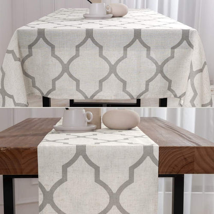 Moroccan Tile Table Runner Linen Textured for Kitchen Geometric Trellis Printed Table Cover 1 Panel 55" L Soft Grey7