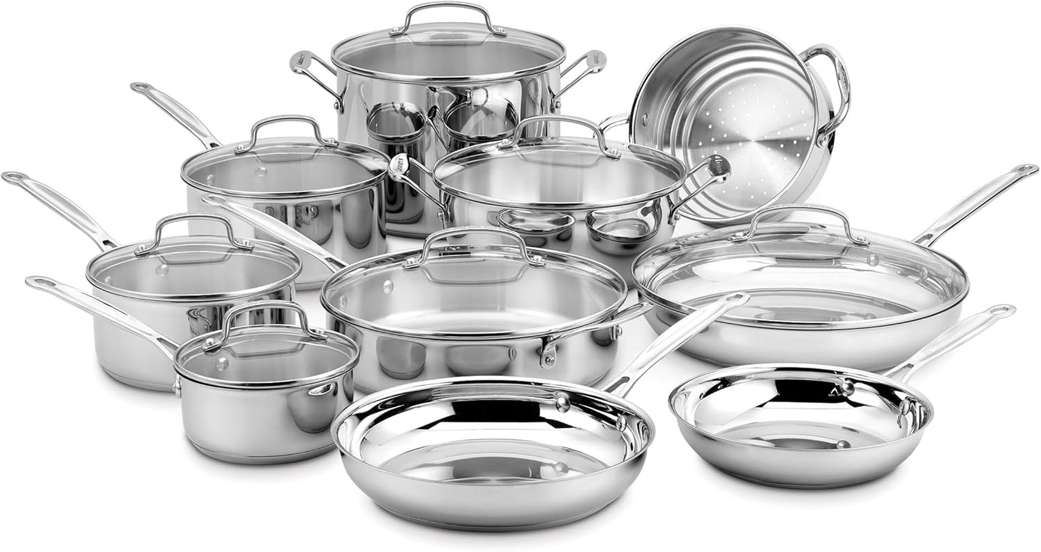 17-piece-stainless-steel-cookware-set-chefs-classic-steel-collection-with-pure-aluminum-core-for-quick-and-even-heat-cool-grip-handles-dishwasher-safe-77-17n-dishwasher-safe-stainless-steel-pans-and-pots-with-riveted-handles-aluminum-core-for-even-heat-oven-safe-to-500-f-77-17n
