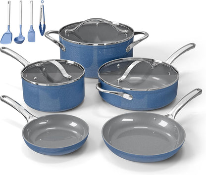 Bakken 12-Piece Ceramic Cookware Set, Nonstick Pots and Pans Set, Non-Toxic PTFE & Pfas-Free Cookware with Silicone Utensils, Induction & All Stovetops Compatible, Dishwasher Safe, Blue1