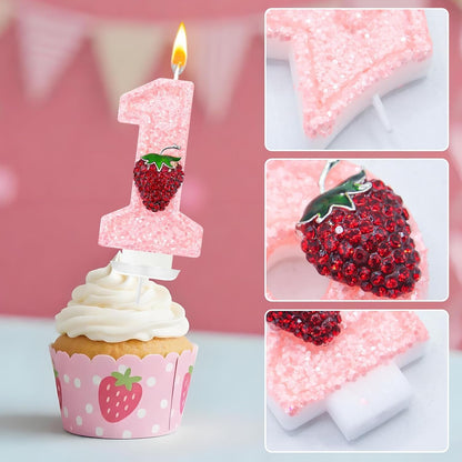 Strawberry-Shaped Berry Candles, Pink Number Candles, and Glittery Strawberry Cake Decorations, Perfect for Birthday and Anniversary Celebrations. (Number 1)3