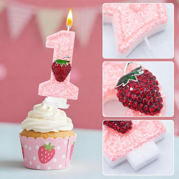 Strawberry-Shaped Berry Candles, Pink Number Candles, and Glittery Strawberry Cake Decorations, Perfect for Birthday and Anniversary Celebrations. (Number 1)3