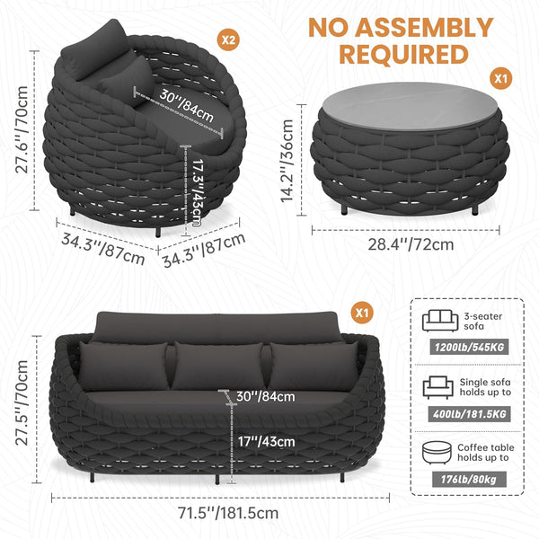 Woven Rope Patio Furniture Set: 4 Pieces Aluminum Outdoor Conversation Sofa Set Assembled - Modern Couch Set Cushioned - All Weather Metal Porch Seating for 5 Person Deck Garden Hotel, Dark Gray7