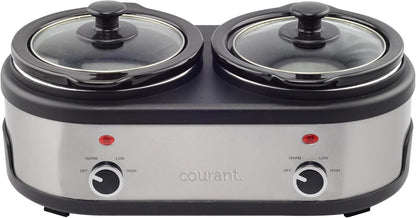 3.2-Quart Double Slow Cooker(1.6-Qt Each) W/Warm Settings, Stainproof Stoneware Pots and Glass Lids – Stainlesssteel1