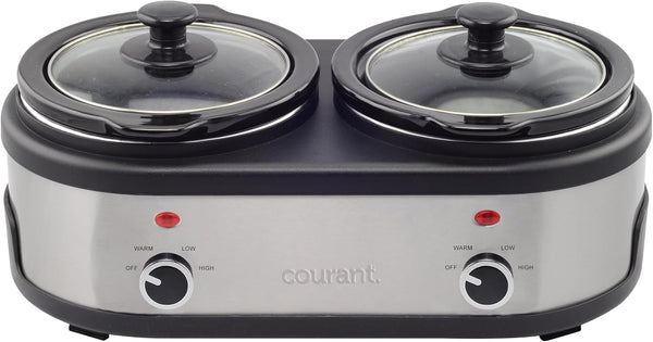 3.2-Quart Double Slow Cooker(1.6-Qt Each) W/Warm Settings, Stainproof Stoneware Pots and Glass Lids – Stainlesssteel1