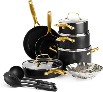 14 Piece Induction Nonstick Cookware Set, Diamond Infused Pfas-Free Ceramic Nonstick Pots & Pans, Durable Metal Utensil Safe, Dishwasher Safe, Oven & Broiler to 600F, Black/Gold1