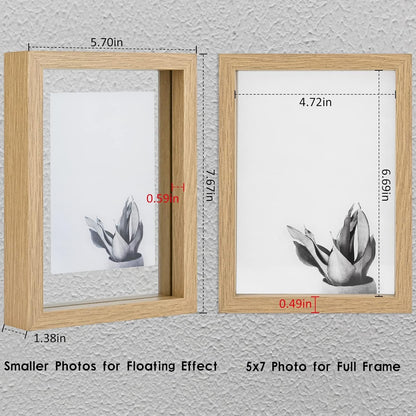 5X7 Floating Frame Set of 2,Double Glass Rustic Photo Frame for Wall Hanging or Tabletop Standing,Also Display 4X6 or 3X5 Photo for Floating Effect,Natural2