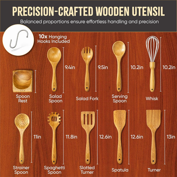 Wooden Utensil Set 10 Pcs + Hooks - Natural Teak Wood Cooking Spoons - Heat & Scratch Resistant Cooking Utensils with Spoon Rest & Hanging Hooks5