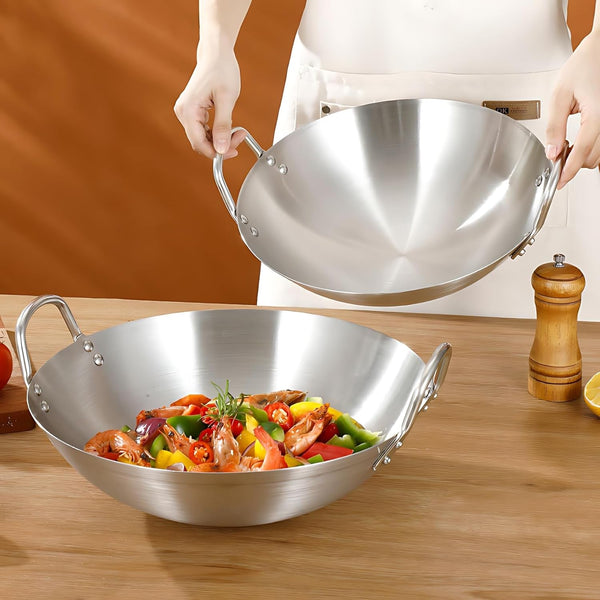 Stainless Steel Wok round Bottom Frying Pan Double Handle Heated Evenly Portable Cookware Traditional Tableware Cooking Pot Wok for Kitchen Outdoor,38Cm6