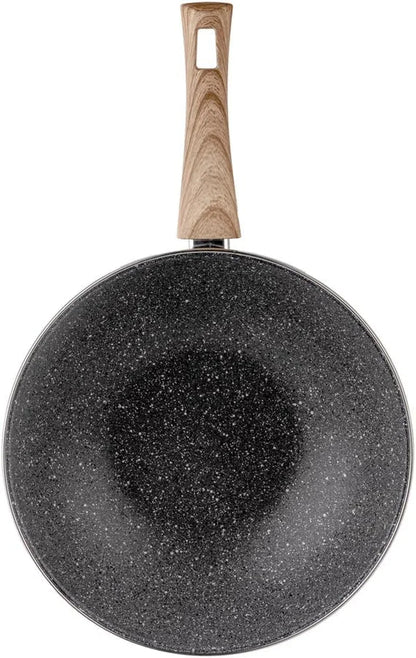 Nonstick Wok Pan 11 Inch Enamel Steel Gray | Induction Compatible, All Stovetop Ready, Even Heat Cooking, Wood-Look Handle, Lightweight Design, Easy Cleanup2