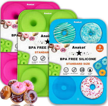 3 Pack Donut Pan Silicone Baking Mold, Just Pop Out! Non-Stick Doughnuts Baking Pans BPA Free for 6 Full-Size Donuts, Muffin, Cake Biscuit Bagels - Oven & Dishwasher Safe (Multicolor)1