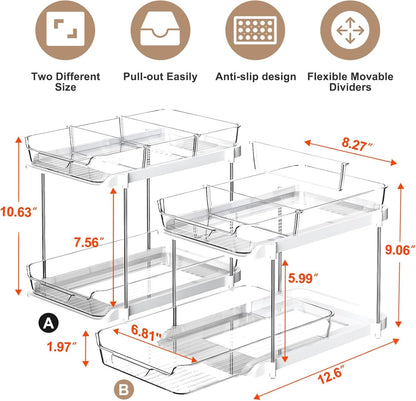 2-Tier Multi-Purpose Bathroom under Sink Organizers and Storage, Stackable Kitchen Pantry Organization, Pull Out Medicine Cabinet Organizer with Movable Dividers, White, 2 Pack2
