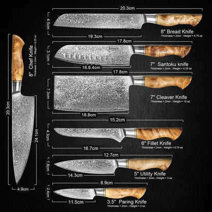 SENKEN 7-Piece Damascus Kitchen Knife Set - Dynasty Collection - 67-Layer Japanese VG10 Steel with Sycamore Wood Handles, Chef'S Knife, Cleaver, Bread, Santoku, Boning, & More9