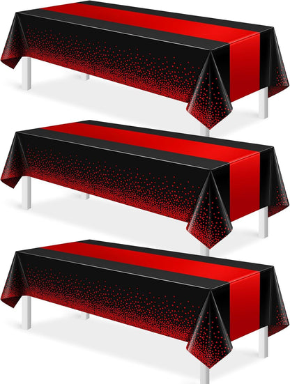 3Pcs Black and Red Tablecloth Party Decorations,Plastic Black Table Cloth Printed Red Table Runner Disposable Rectangle Cover for Birthday Weeding Anniversary Graduation Party,54 X108 Inch1