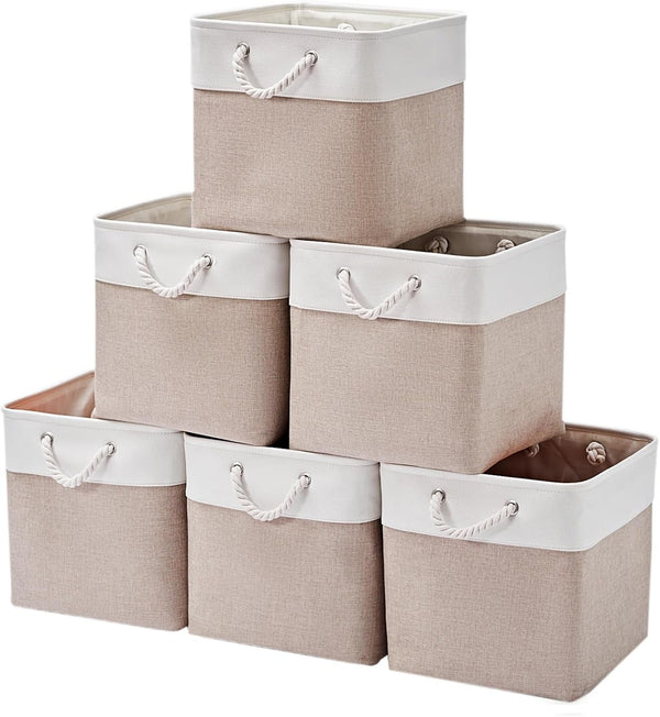 13 X 13 Inch Cube Storage Bins,Storage Cubes for Shelves，Foldable Organizer Boxes with Handles, Decorative Storage Basket for Organizing Clothes, Toys, Books(White&Beige)1