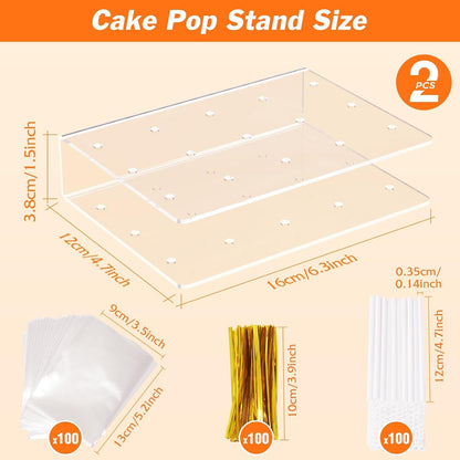 2 Pack Cake Pop Stand with Sticks Kit, Acrylic Lollipop Hold Stand | Clear Cake Pop Display Holder, 15 Holes Candy Pop Holder with 100 Pcs Sticks, 100 Pcs Clear Wrappers, 100 Pcs Gold Twist Ties2