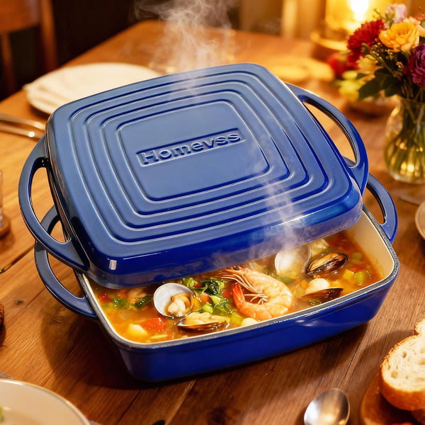 2-In-1 Square Enameled Cast Iron Dutch Oven 7QT Baking Pan and Gridle Lid with Dual Handles, Cast Iron Skillet Lid, Coating Gridle for Baking, Braising and Grilling - Blue5