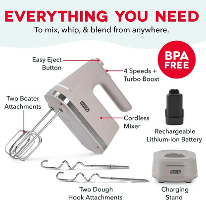 Cordless Hand Mixer, Beaters & Dough Hooks, French Grey | Handheld Electric Mixer for Baking, Whipping Cream, Cookie Dough & Cake Batter, Turbo Button, Rechargeable8