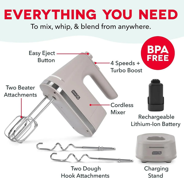 Cordless Hand Mixer, Beaters & Dough Hooks, French Grey | Handheld Electric Mixer for Baking, Whipping Cream, Cookie Dough & Cake Batter, Turbo Button, Rechargeable8