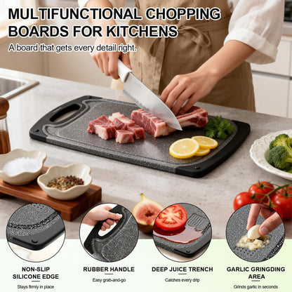 Plastic Cutting Boards Set of 3,BPA Free,Dishwasher Safe | Thick Chopping Boards for Kitchen with Deep Juice Grooves, Non‑Slip Feet, Easy Grip Handle, Grinding Area, Black2