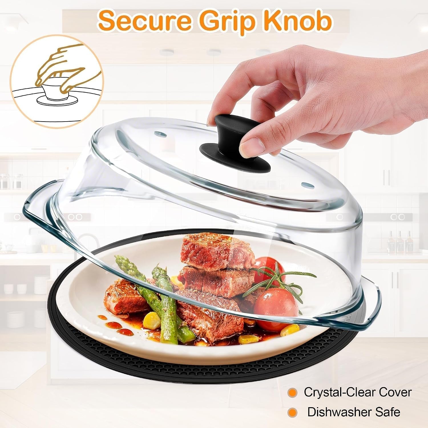 glass-microwave-splatter-cover-for-food-with-microwave-place-mat-sturdy-plate-guard-lid-with-vent-holes-and-easy-grip-silicone-handle-bpa-free-dishwasher-safe-black