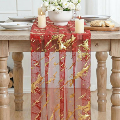 Marble Pattern Red Gauze Table Runner 10FT, Glitter Metallic Foil Sheer Dining Wedding Anniversary Birthday Table Decor for Home Party2