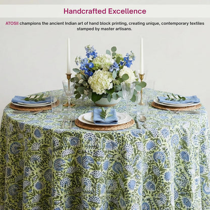 Cotton Blockprint round Tablecloth, Amara Green, 72 Inches3