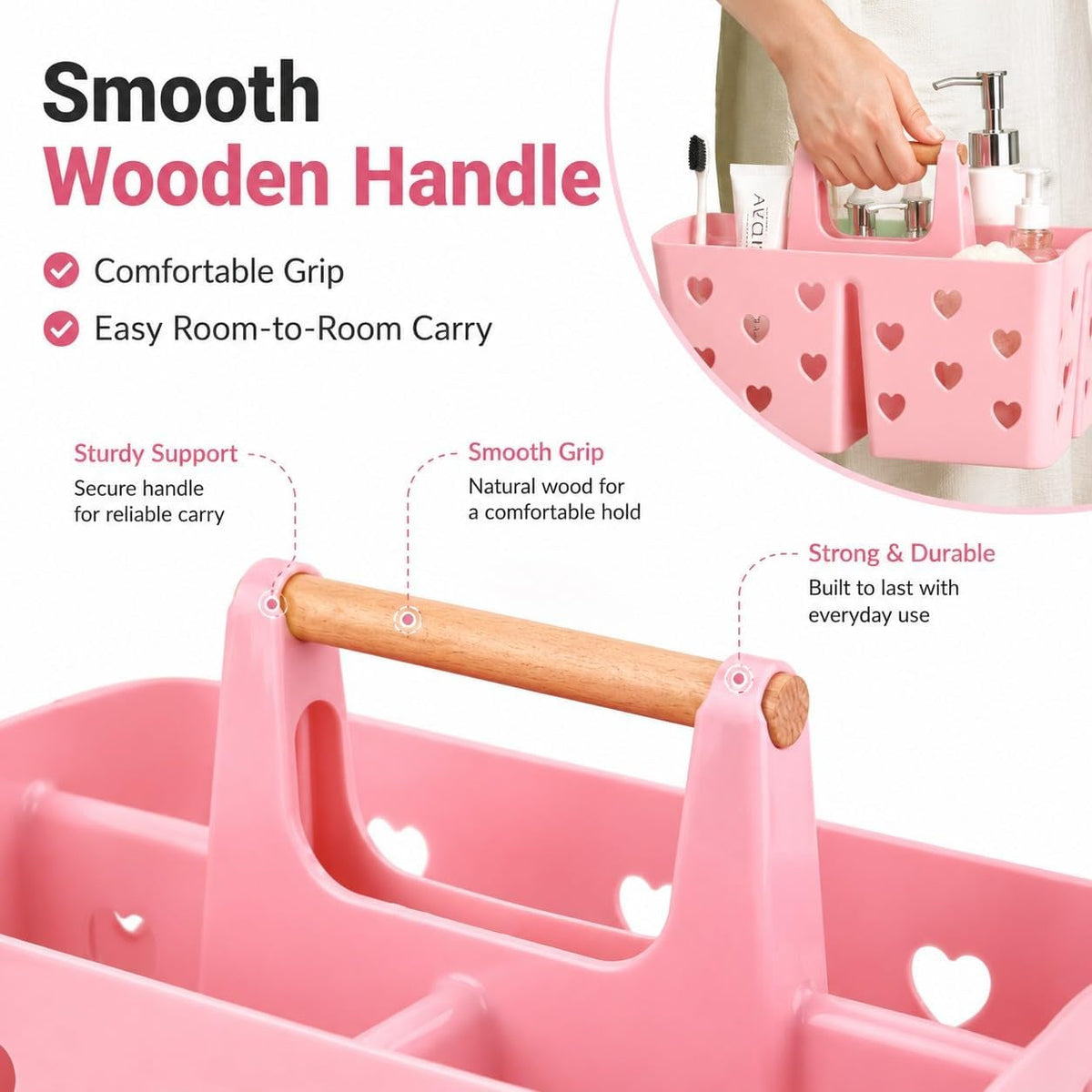 pink-portable-shower-caddy-plastic-basket-organizer-with-wooden-handle