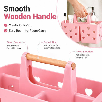 Pink Portable Shower Caddy, Plastic Basket Organizer with Wooden Handle4