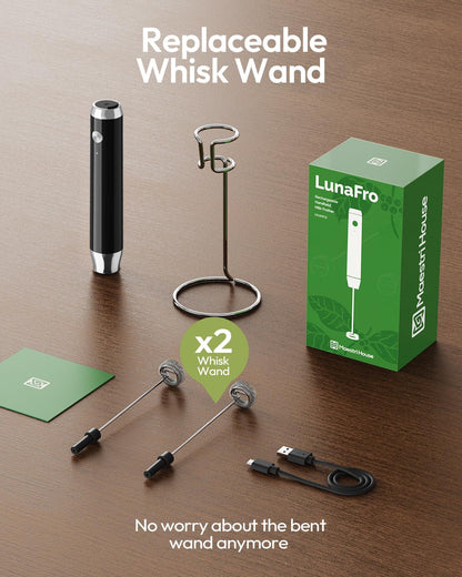 Lunafro Rechargeable Milk Frother,Stand & 2 Detachable Whisks | 8000RPM Turbo Motor, 1200Mah Lithium Battery, Handheld Milk Frother for Lattes, Cappuccino, Matcha & Powdered Supplements6