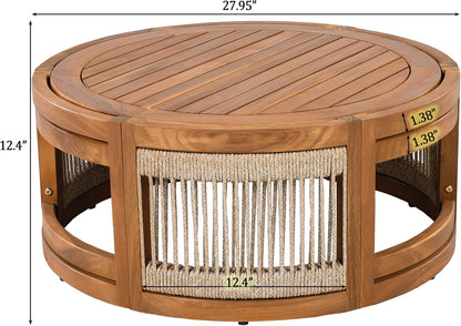 4-Piece Patio Conversation Set,All Weather Sectional Sofa Set W/ 2 Chairs, Loveseat & Table Premium, Acacia Wood Outdoor Furniture Set with Woven Rope Accents and Cushions (Teak+ Beige#82)5