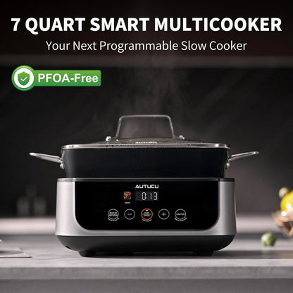 Slow Cooker 7 Quart | Programmable Multi-Cooker Pfoa-Free Ceramic Coating, Steamer, Sear Sauté, Warm Function (Includes Silicone Spoon)2