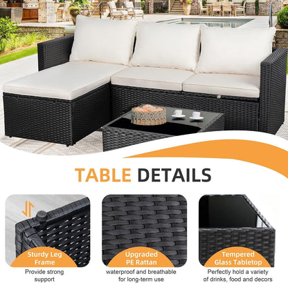 4 Pieces Patio Furniture Set, 2-In-1 Convertible Sectional Sofa & Chaise Lounge, All-Weather Wicker Rattan Sofa Couch with Cushions & Coffee Table for Yard, Garden, Porch, Poolside (Beige)6
