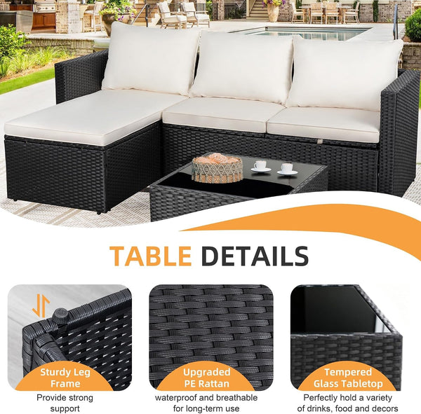 4 Pieces Patio Furniture Set, 2-In-1 Convertible Sectional Sofa & Chaise Lounge, All-Weather Wicker Rattan Sofa Couch with Cushions & Coffee Table for Yard, Garden, Porch, Poolside (Beige)6