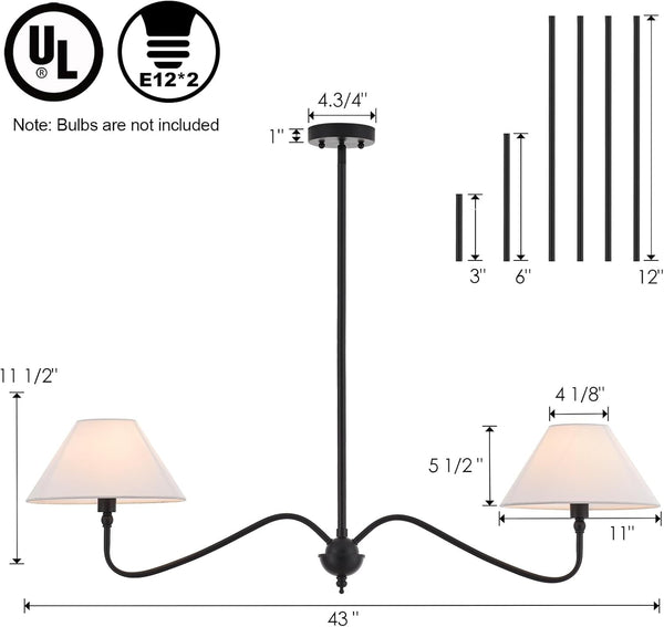 Modern Linear Chandelier for Kitchen Island, 2-Light Linear Light Fixture with Off-White Fabric Shade, Rustic Pendant Light for Dining Room7