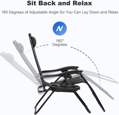 Set of 2 Relaxing Recliners Patio Chairs Adjustable Steel Mesh Zero Gravity Lounge Chair Beach Chairs with Pillow and Cup Holder Black4