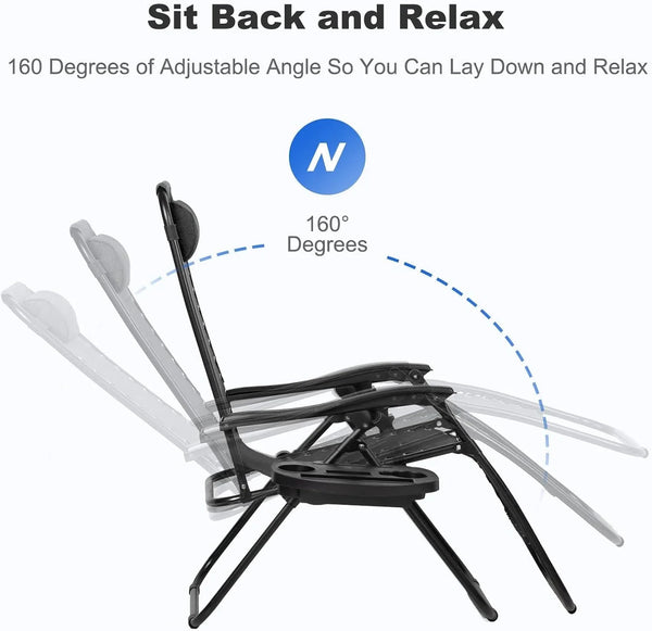 Set of 2 Relaxing Recliners Patio Chairs Adjustable Steel Mesh Zero Gravity Lounge Chair Beach Chairs with Pillow and Cup Holder Black4