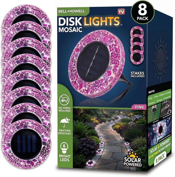 8 Pk Mosaic Solar Lights Outdoor LED Disk Pathway Lights, Pink1