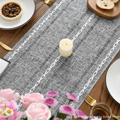 Dark Grey Rustic Cotton Linen Table Runner, Seasonal Embroidered Hollow Kitchen Dining Table Decoration for Home Party Decor 13X72 Inch4
