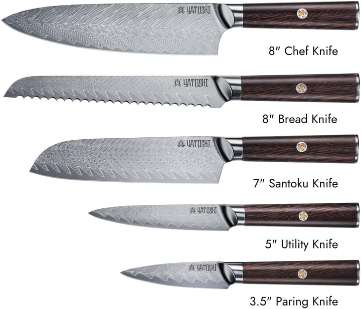 Magnetic Kitchen Knife Block Set - Japanese 67 Layer High-Grade VG-10 Steel Knives, Sharp, G10 Handle Professional Kitchen Knife Set - Damascus (6 Pieces), Brown Pakkawood Handles+2
