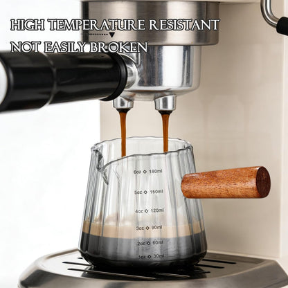 6OZ Wooden Handle Espresso Measuring Cup, Borosilicate Glass Milk Frothing Pitcher with Double Scale & V-Shaped Spout, Dishwasher Safe Coffee Accessories7