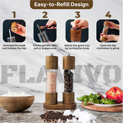 Wooden Salt and Pepper Grinder Set, Manual Premium Acrylic Salt and Pepper Mills with Adjustable Ceramic Core and Wooden Stand, 8-Inch Refillable Giftable Shakers (2 Pieces with Tray)5