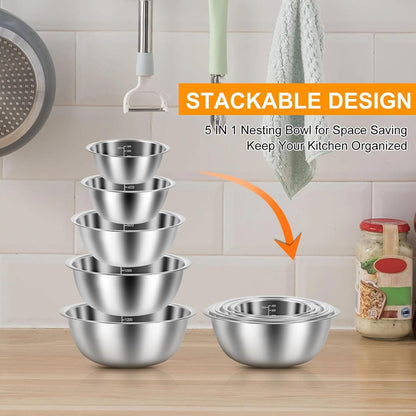 10 Pack Stainless Steel Nesting Mixing Bowl Set 5 Size (4.5, 3,2,1.5,0.7QT)4