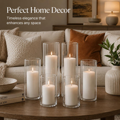 Set of 6 White Pillar Candles with Clear Glass Hurricane Holders- Elegant Cylinder Candle Vases for Weddings, Parties, Centerpieces, Home & Office Decor (White, 6 Set)7
